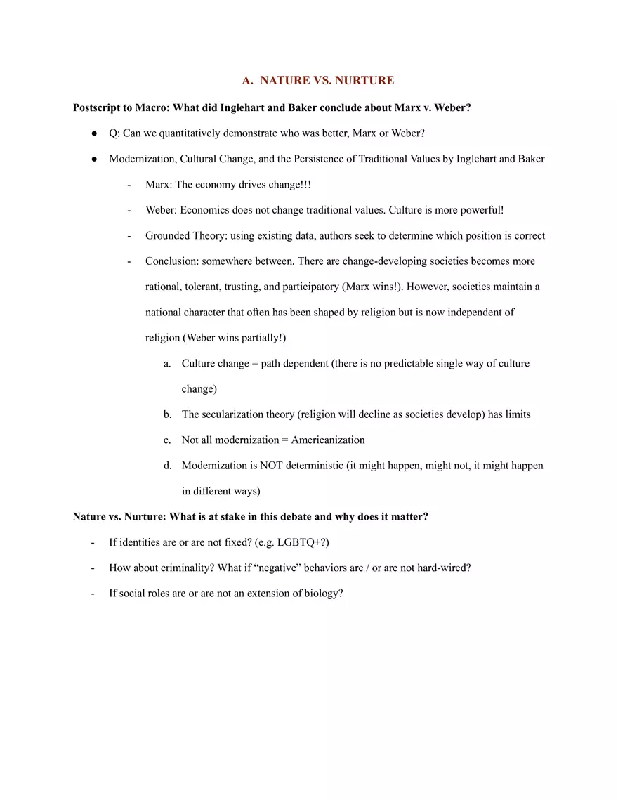 Nature vs. Nurture in Cultural Change Marx vs. Weber Debate - Page 1