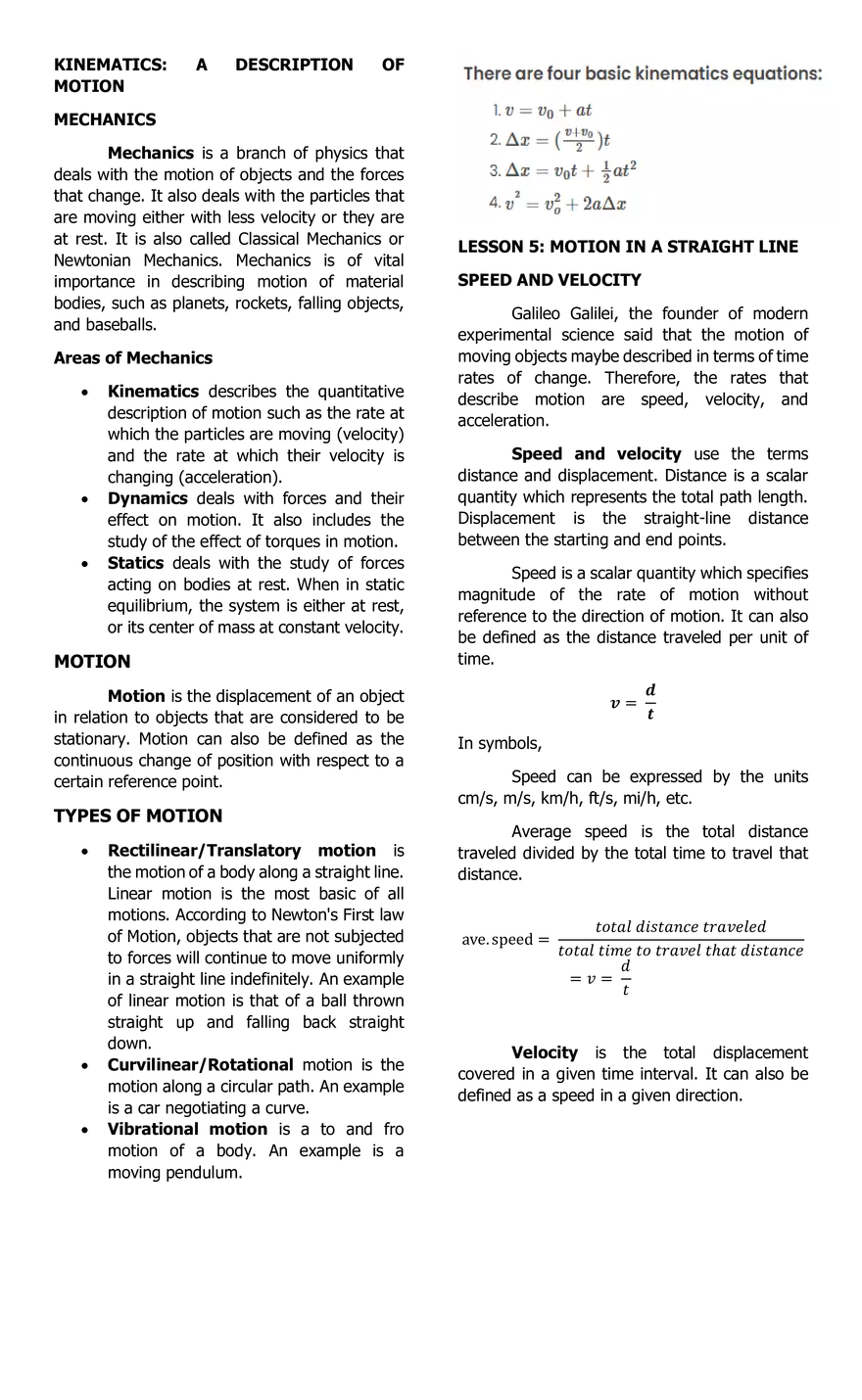 Kinematics A Description of Motion - Page 1