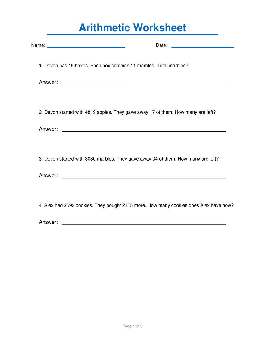 Arithmetic Worksheet 9 - Page 1