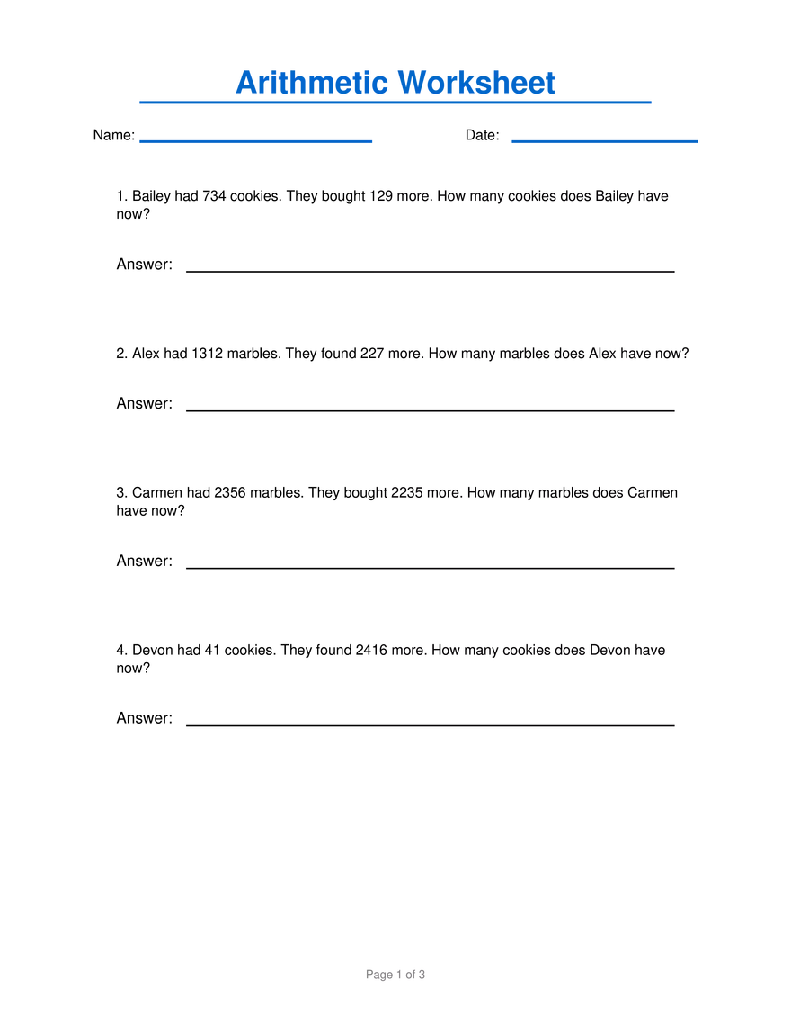 Arithmetic Worksheet 10 - Page 1