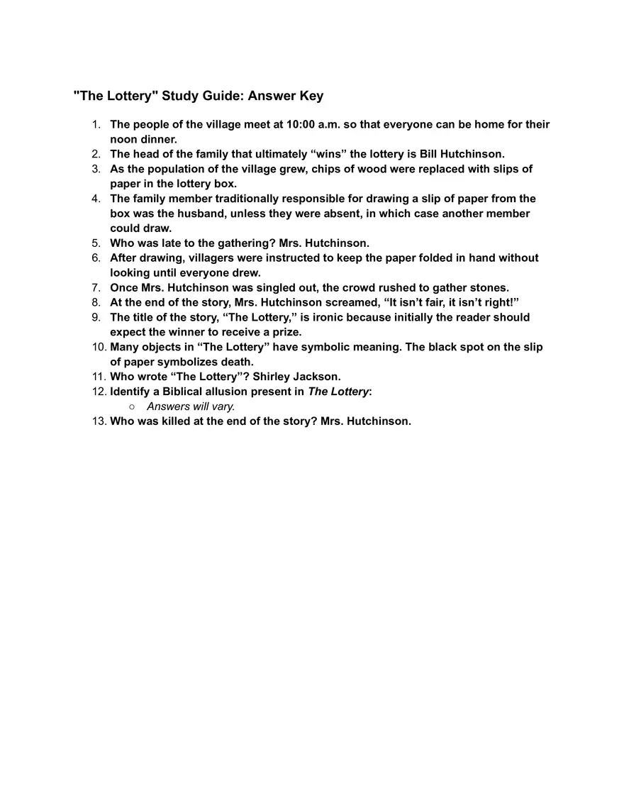 The Lottery Study Guide Answer Key - Page 1