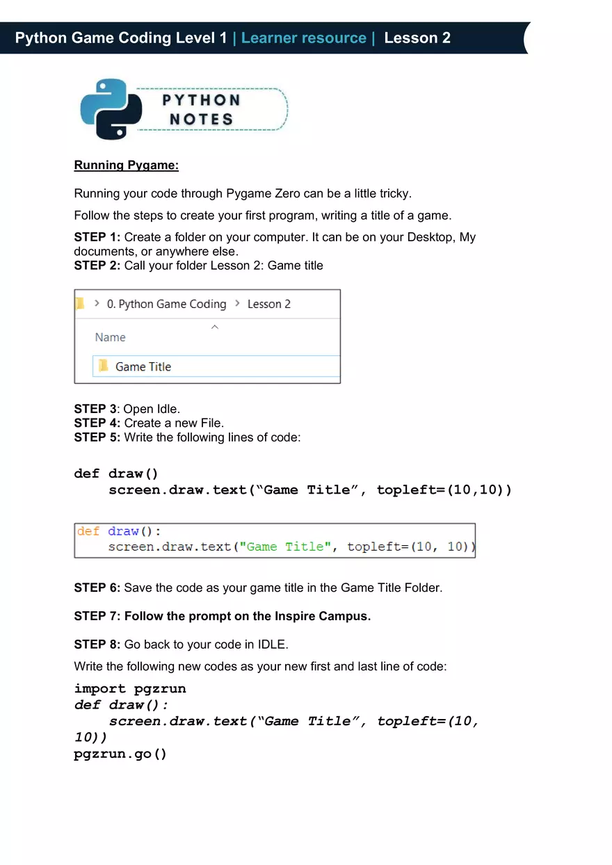 Python Game Coding Level 1 Learner Resource - Page 2