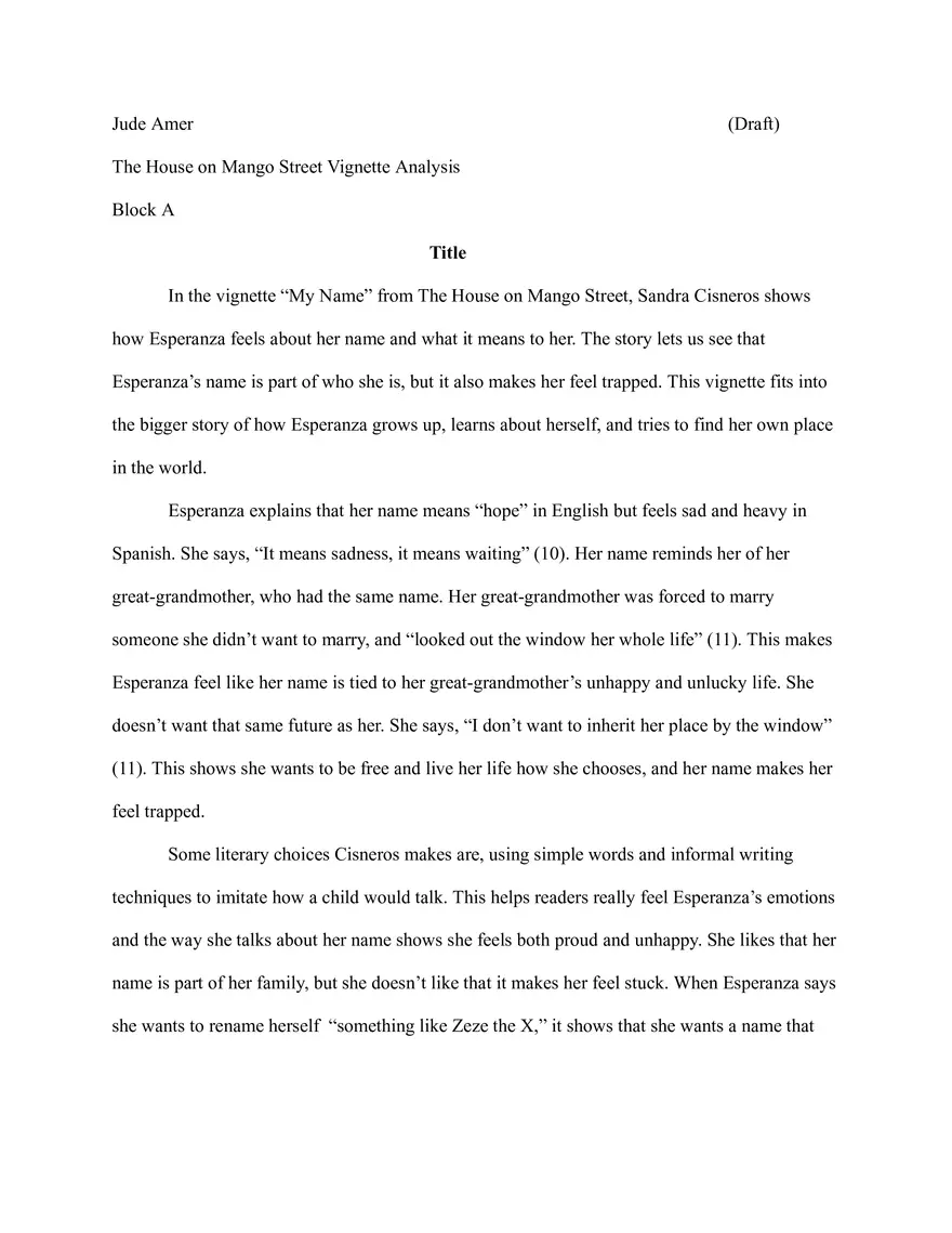 The House on Mango Street Vignette Analysis - Page 1