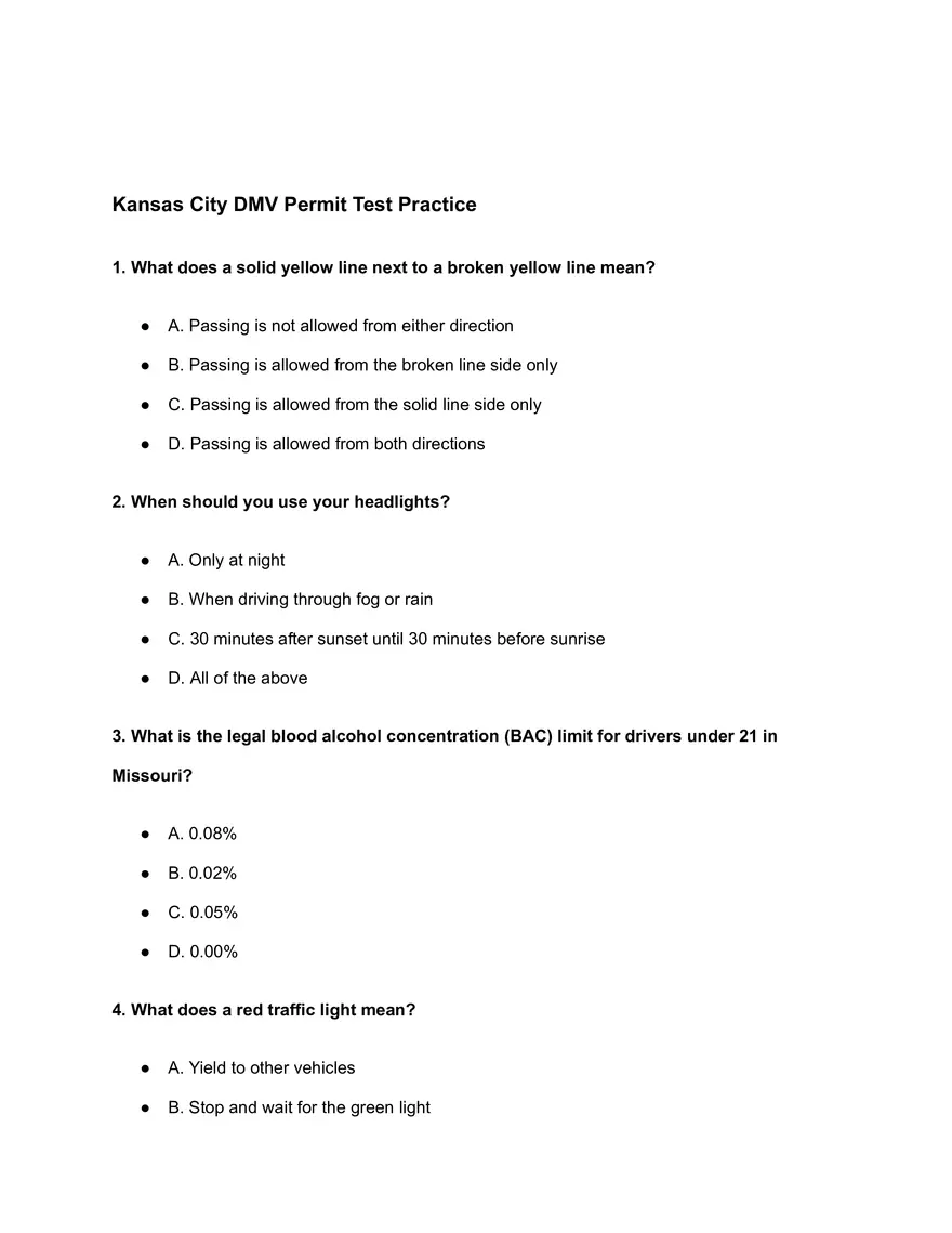 Kansas City DMV Permit Test Practice - Page 1