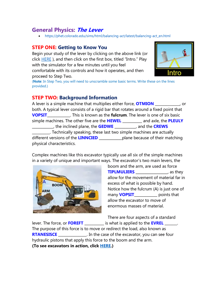 Physical Science Lab the Lever Other Simple Machines #1 - Page 1