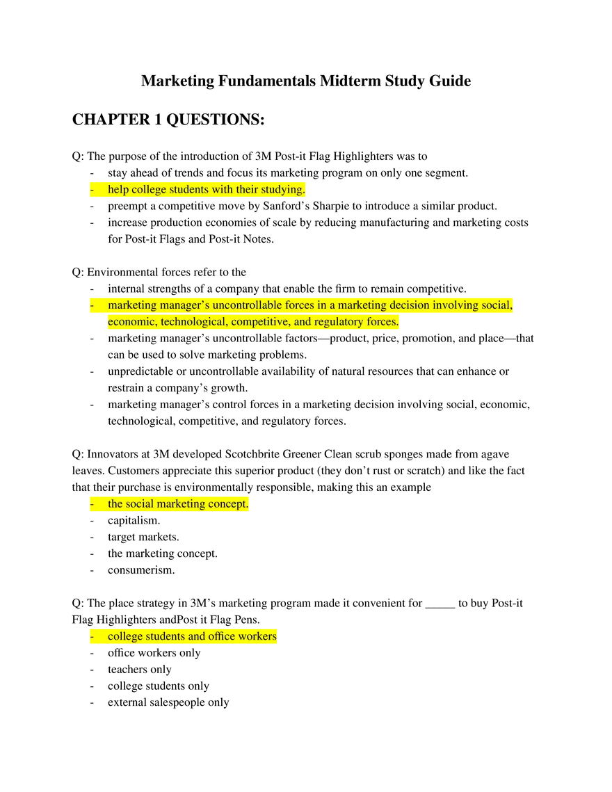 Marketing Fundamentals Midterm Answer Key Part 1 - Page 1
