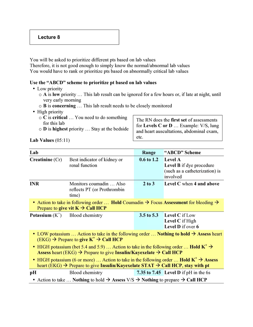 Nursing Exam Review Lecture 8 Lab Values - Page 1