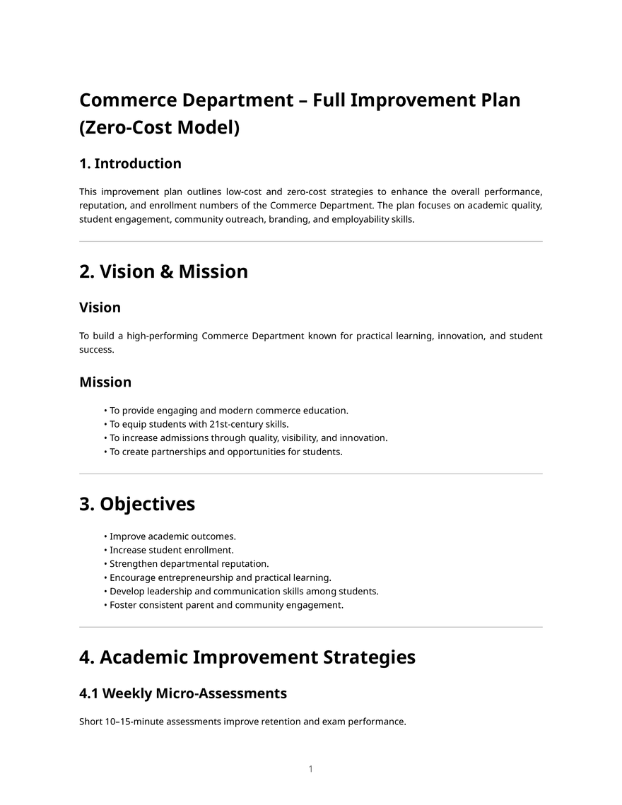 Commerce Department Improvement Plan - Page 1