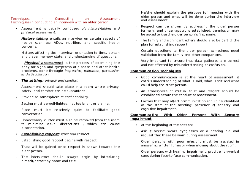 Techniques in Conducting an Assessment of Older Adults - Page 1