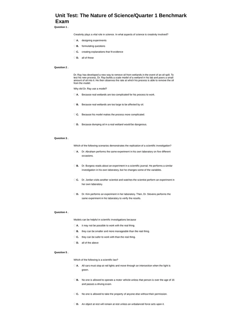 Unit Test The Nature of Science Quarter 1 - Page 1