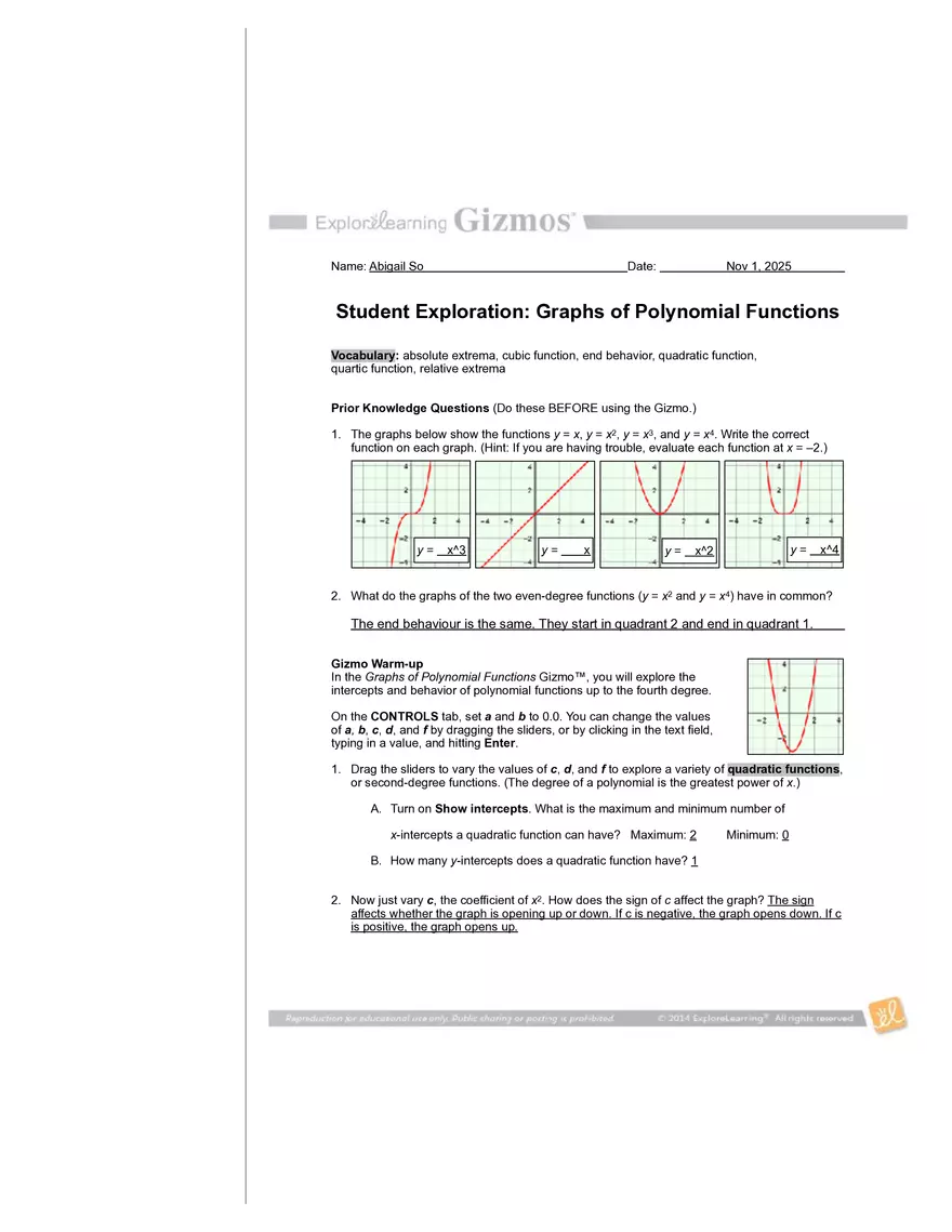 Student Exploration: Graphs of Polynomial Functions - Page 1