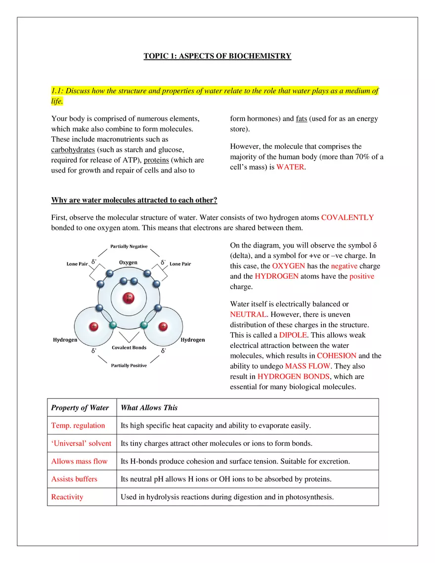 Topic 1 - Aspects of Biochemistry - Page 1