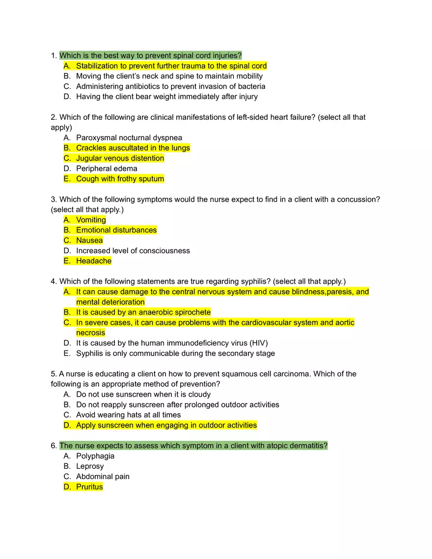 Spinal Cord Injuries Answer Key - Page 1