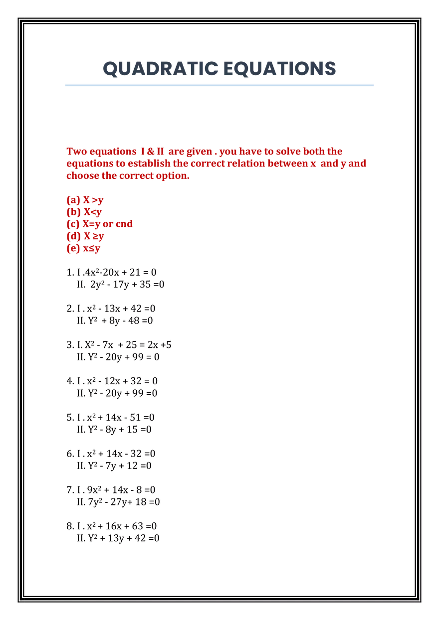 Solving Quadratic Equations and Comparing Roots - Page 1