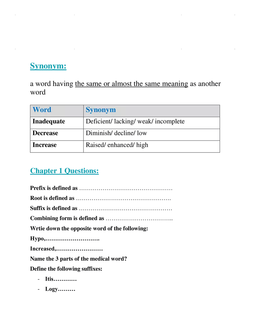Medical Terminology Basics Word Parts and Suffix Definitions - Page 1