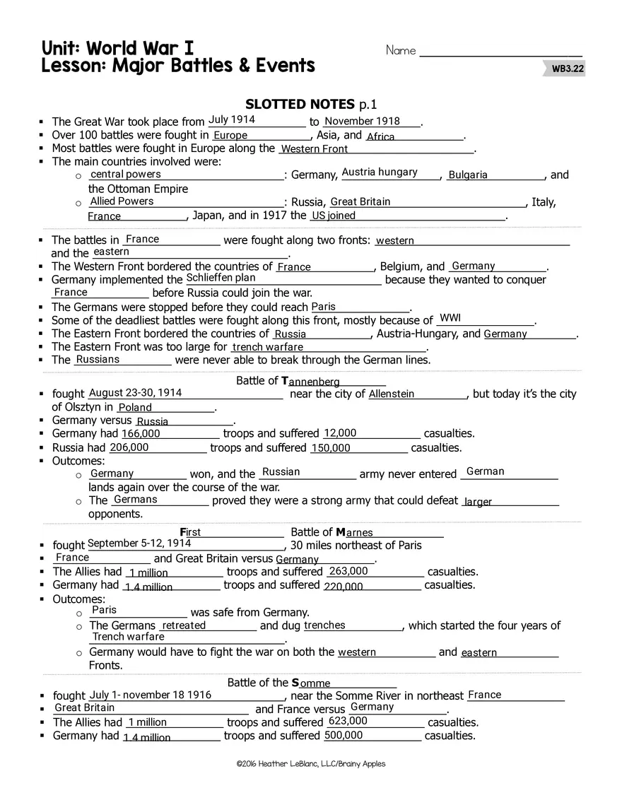 3 Major Battles & Events Slotted Notes WWI - Page 1