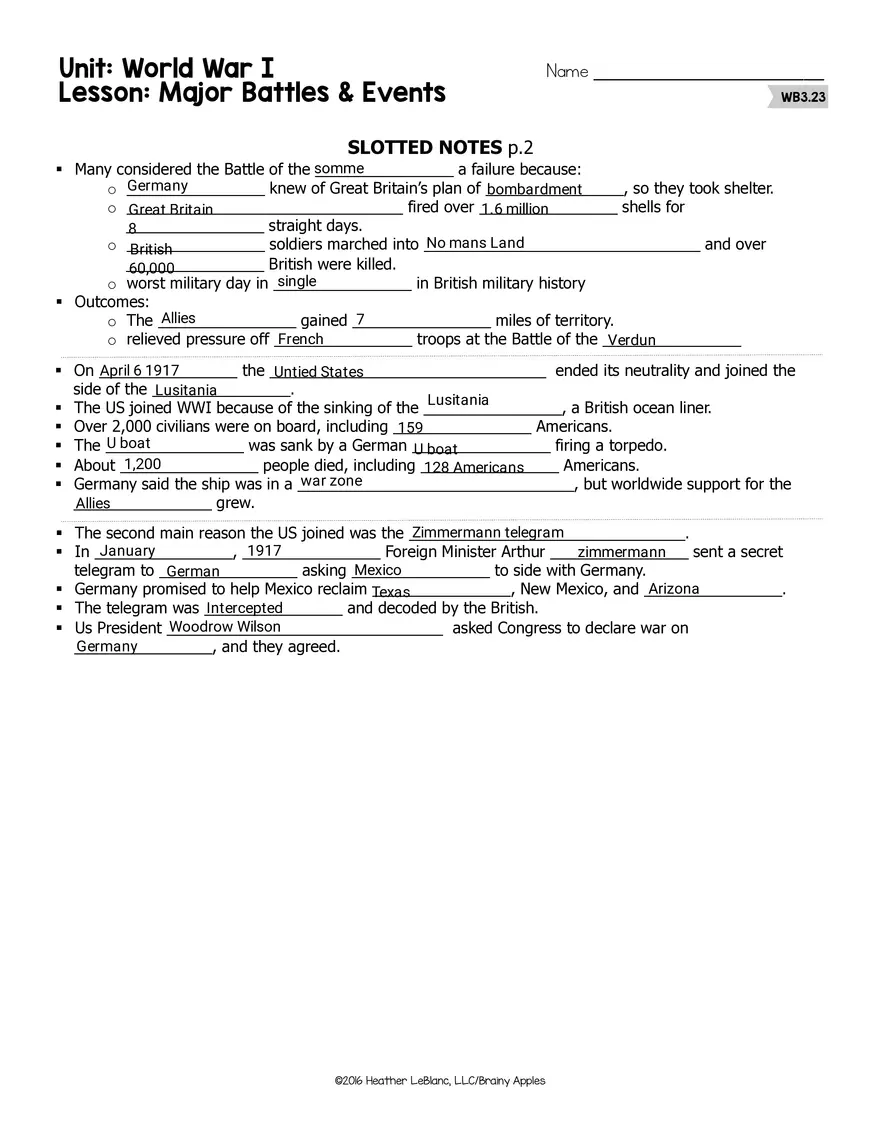 3 Major Battles & Events Slotted Notes WWI - Page 2