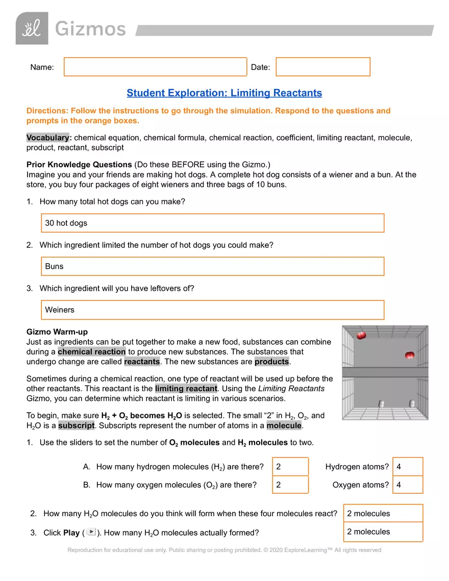 Student Exploration: Limiting Reactants - Page 1