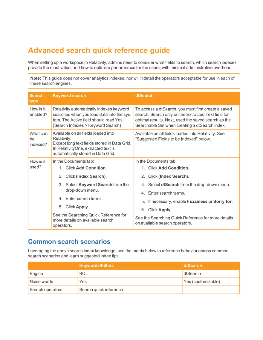 Advanced Search Quick Reference Guide for Relativity Workspaces - Page 1