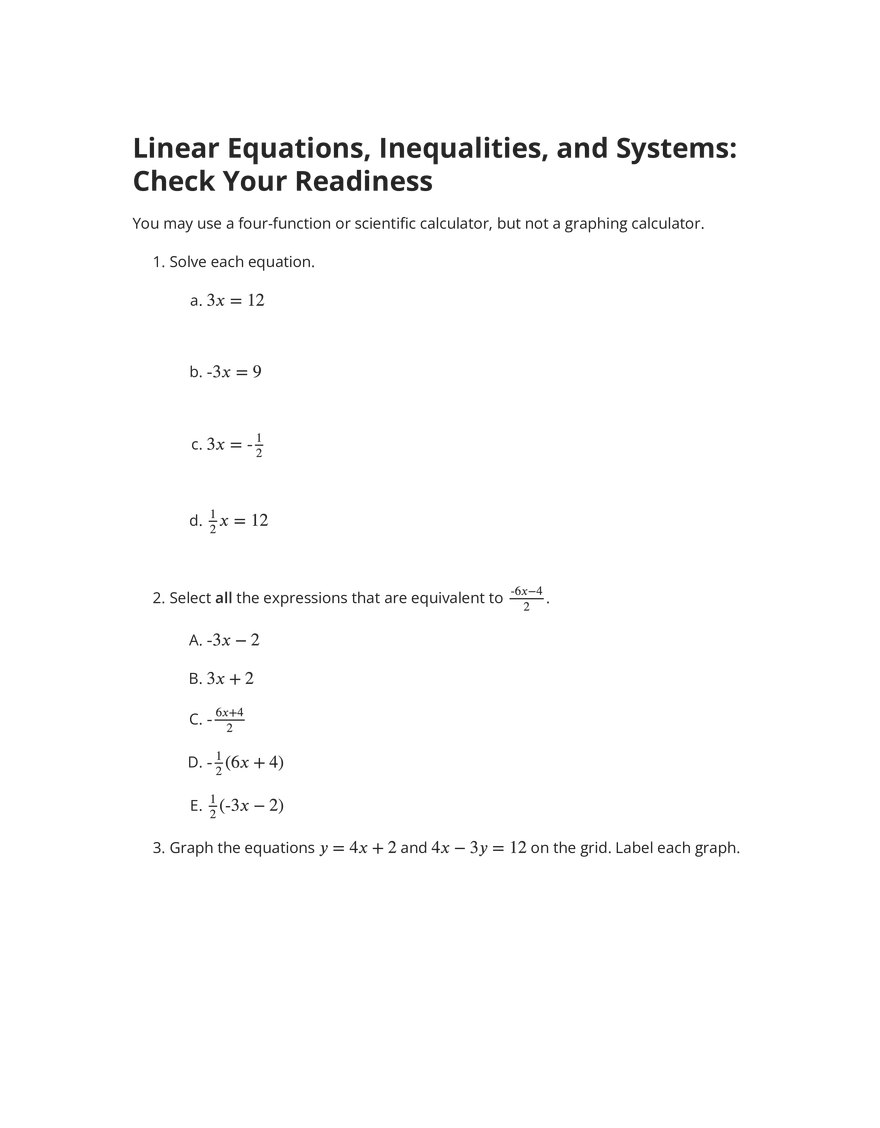 Linear Equations, Inequalities, and Systems Check Your Readiness - Page 1