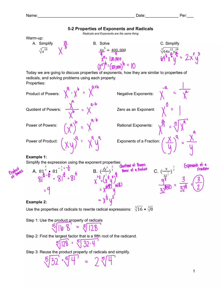 5-2 Properties of Exponents and Radicals - Page 1