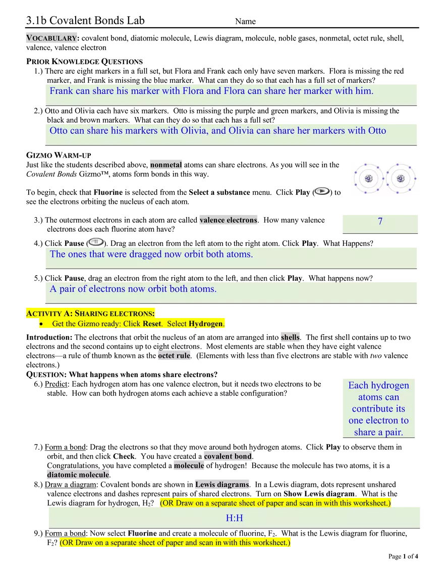 3.1b Covalent Bonds Lab - Page 1