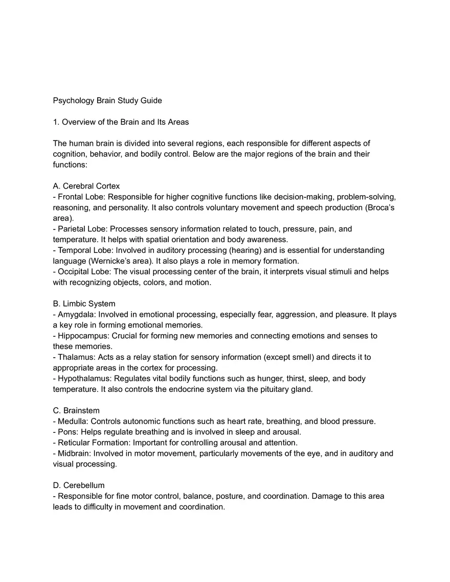Psychology Brain and Its Areas Study Guide - Page 1