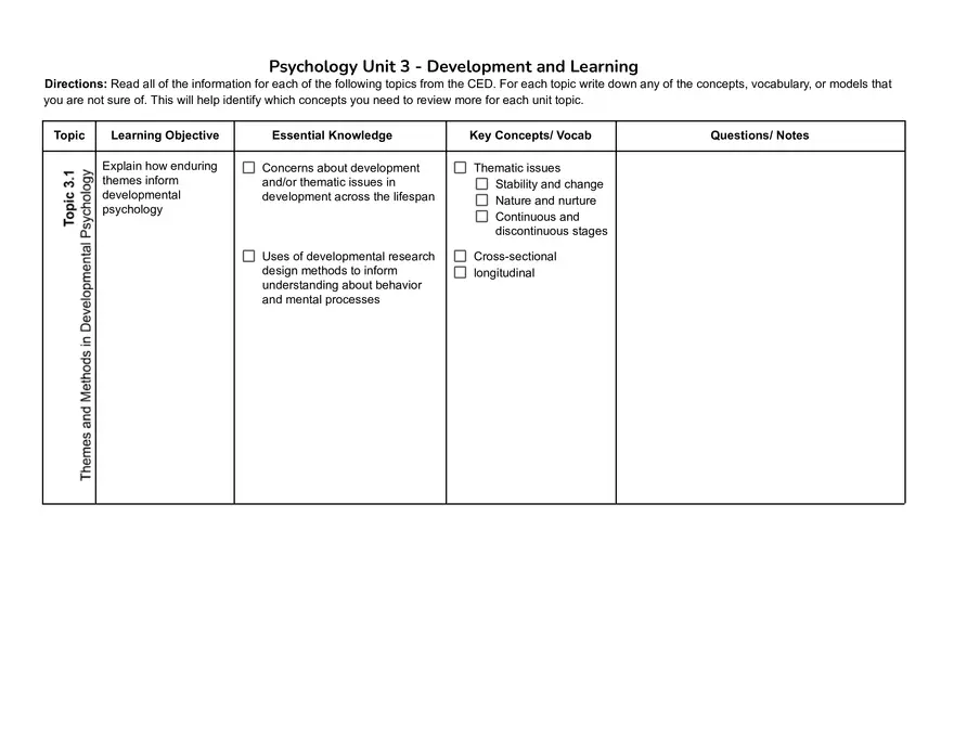 Psychology Unit 3 - Development and Learning - Page 1