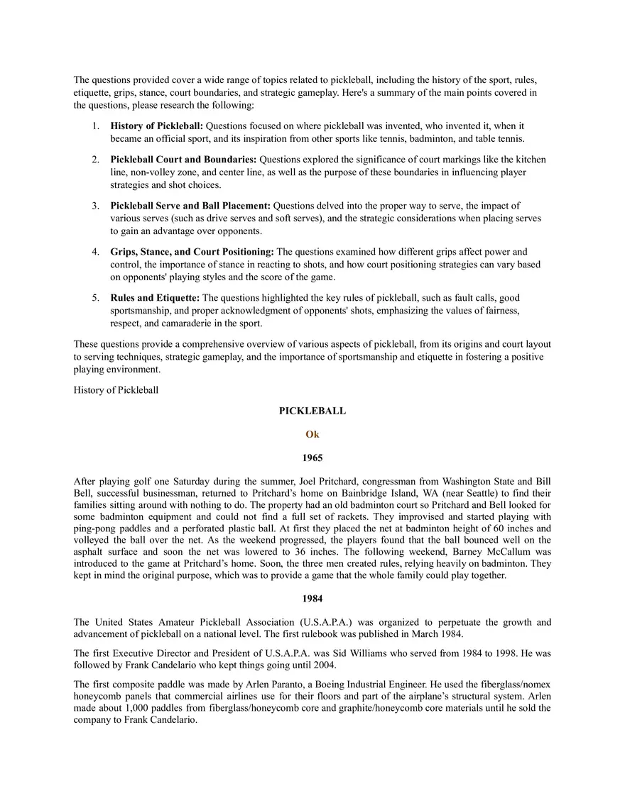 Overview of Pickleball History, Rules, and Strategy - Page 1