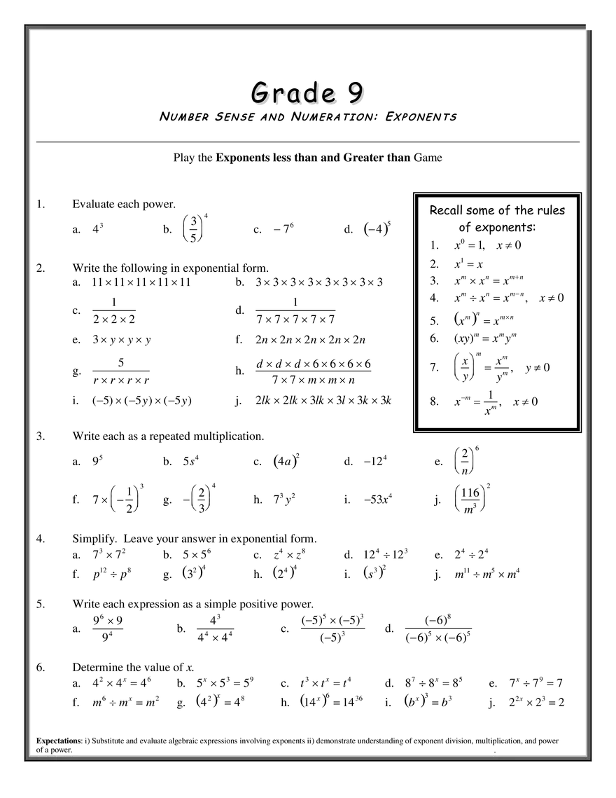 Number Sense and Numeration Exponents - Page 1