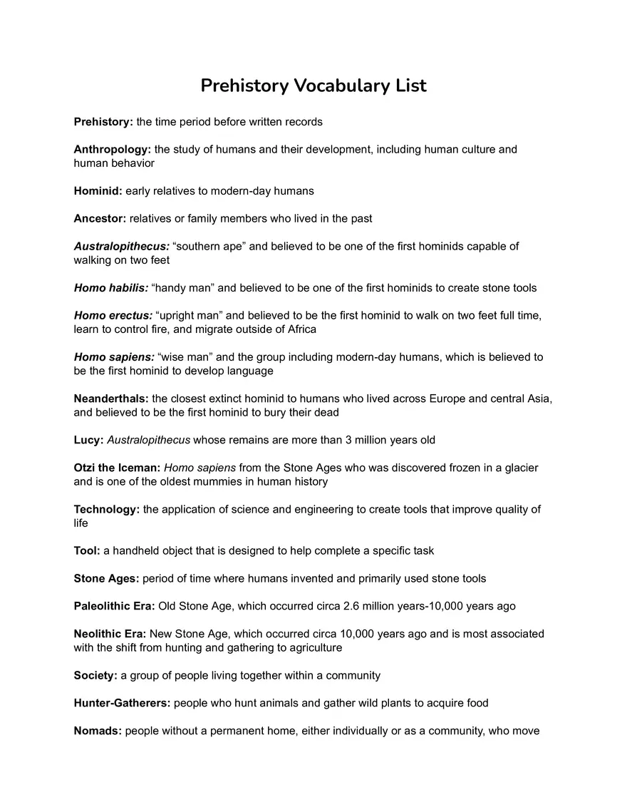 Prehistory Vocabulary List - Page 1