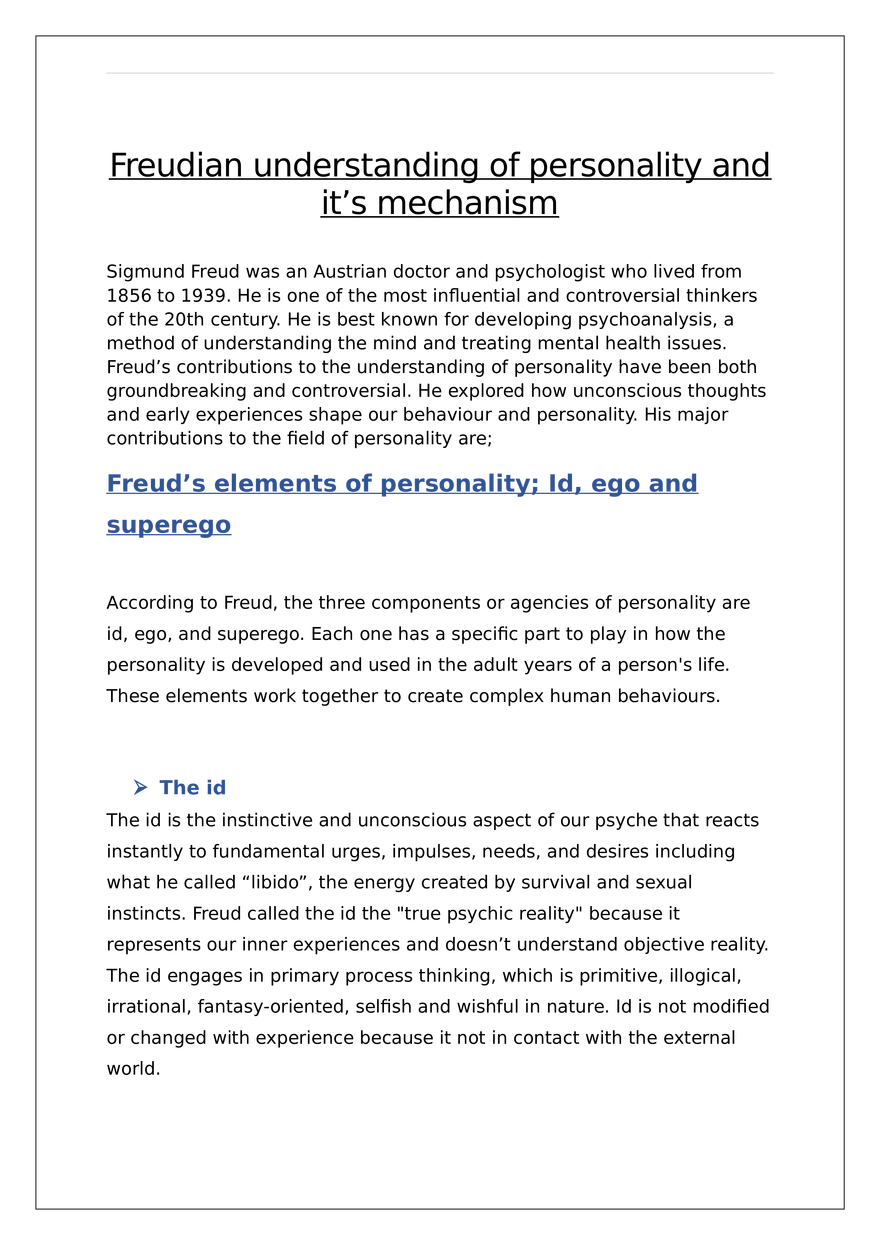 Freudian Understanding of Personality and its Mechanism - Page 1