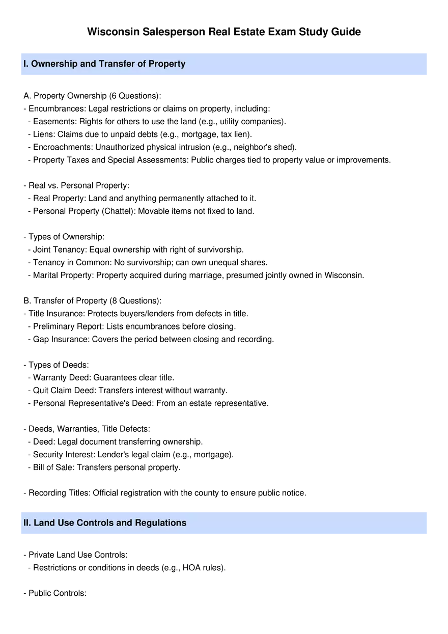 Wisconsin Salesperson Real Estate Exam Study Guide - Page 1