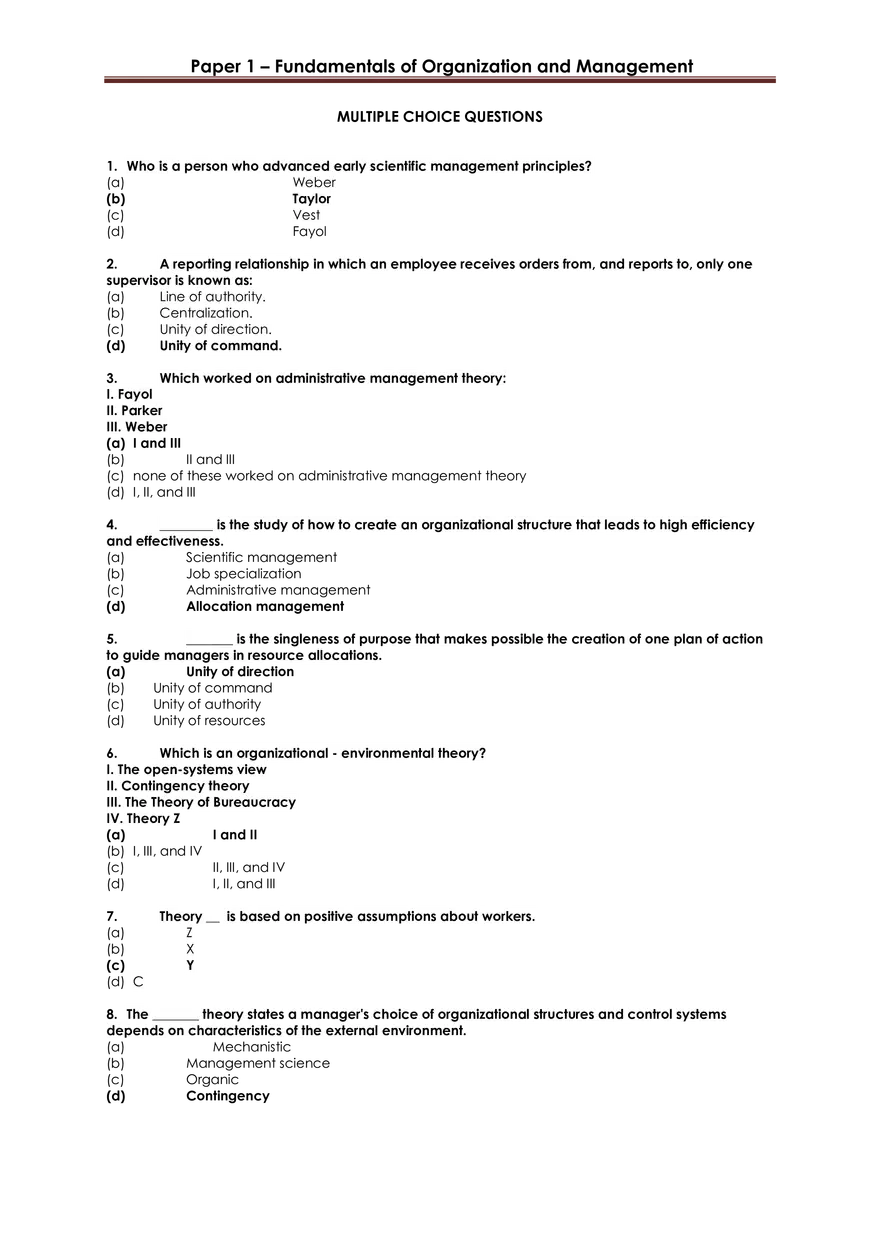 Paper 1 - Fundamentals of Organization and Management (Answer Key) - Page 1