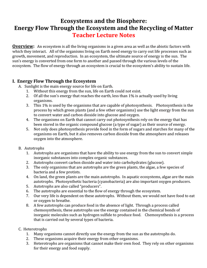 Energy Flow Through the Ecosystem and the Recycling of Matter - Page 1