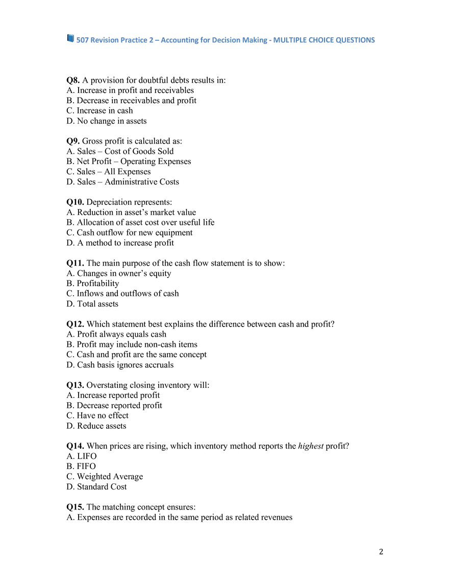 Revision Practice 2 – Accounting for Decision Making - Page 2