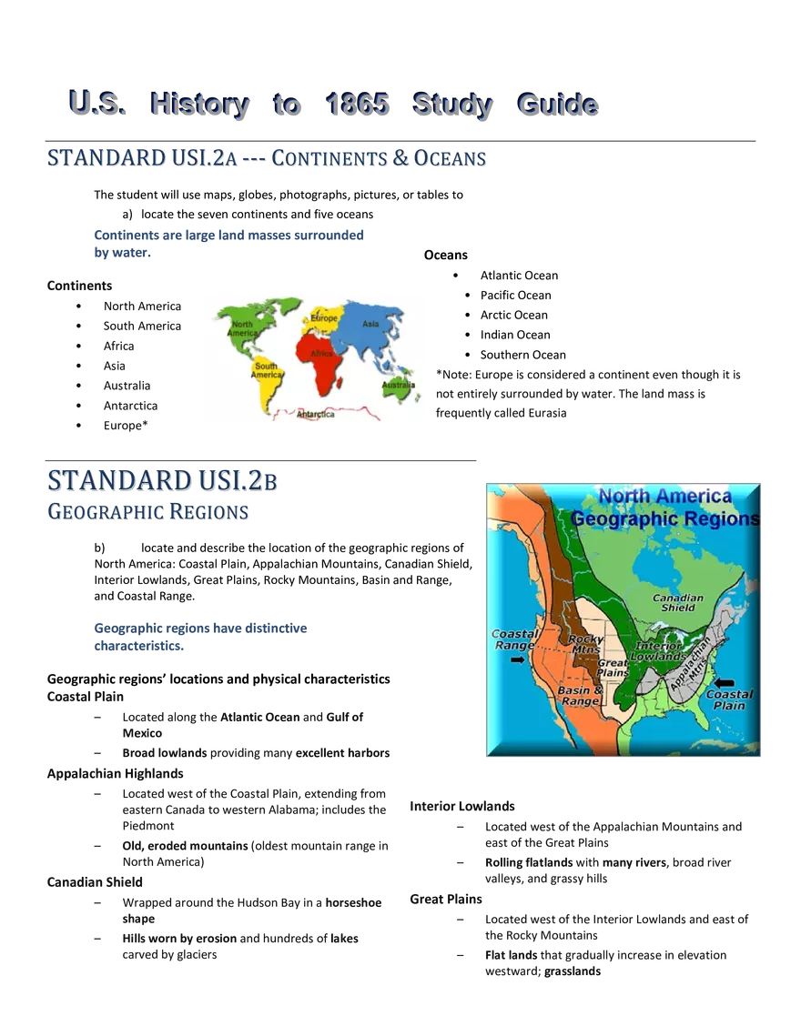 US History to 1865 Continents and Oceans - Page 1