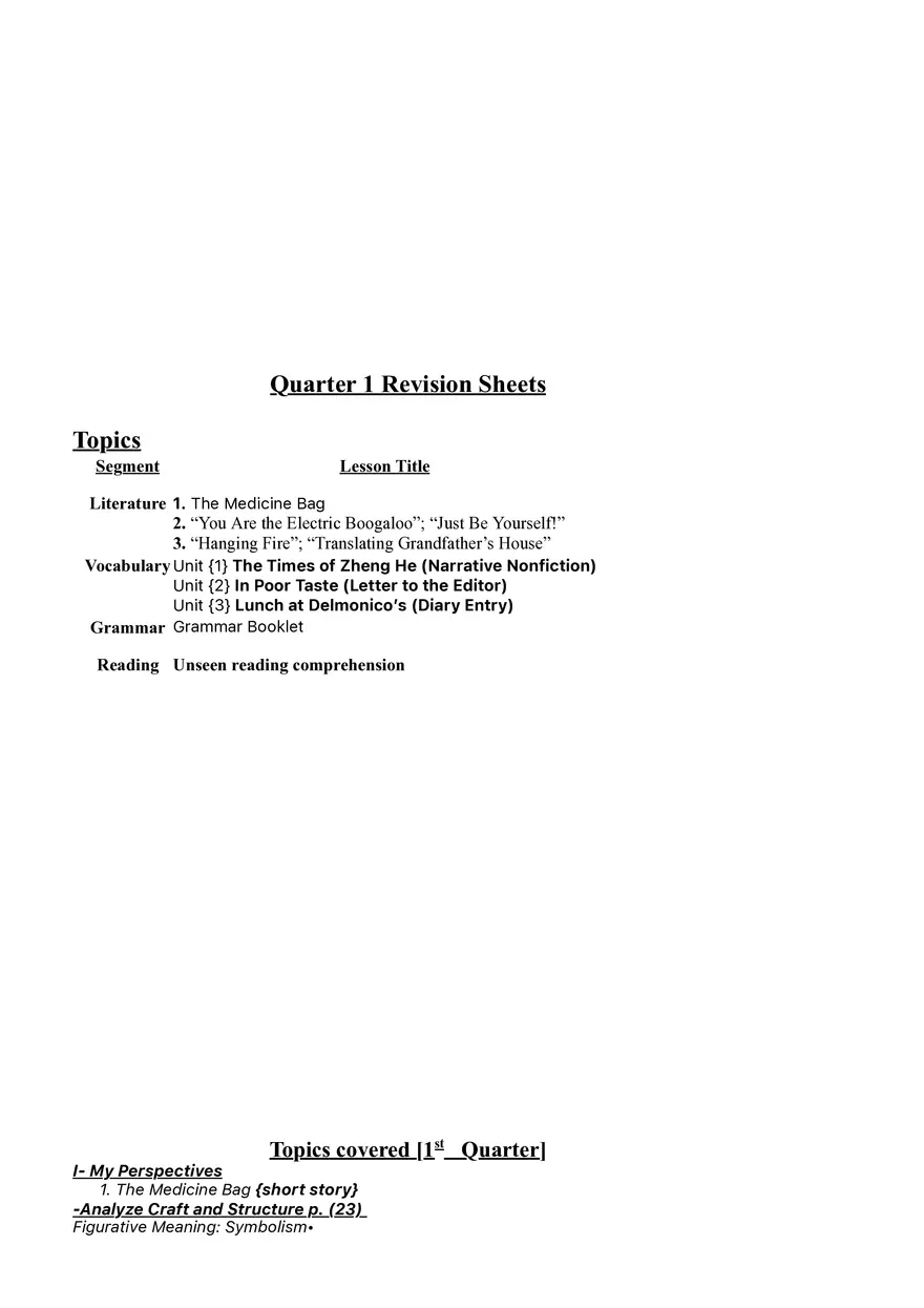 Quarter 1 Revision Sheets - Page 1