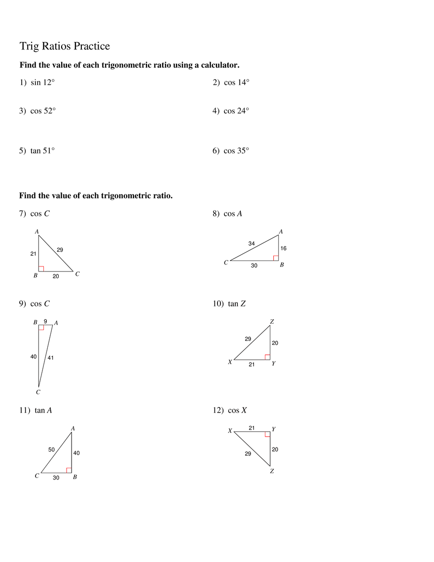 Trig Ratios Practice Assignment - Page 1