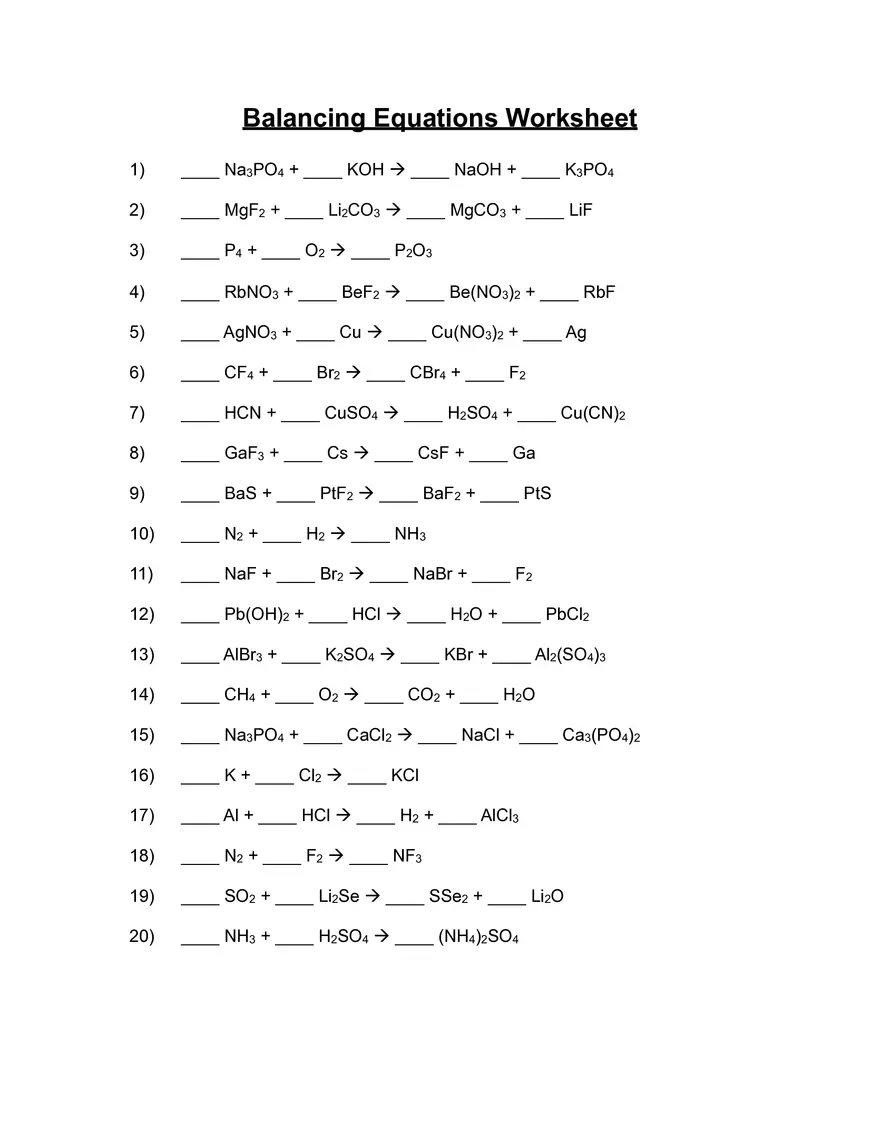 Balancing Equations Worksheet - Answers - Page 1