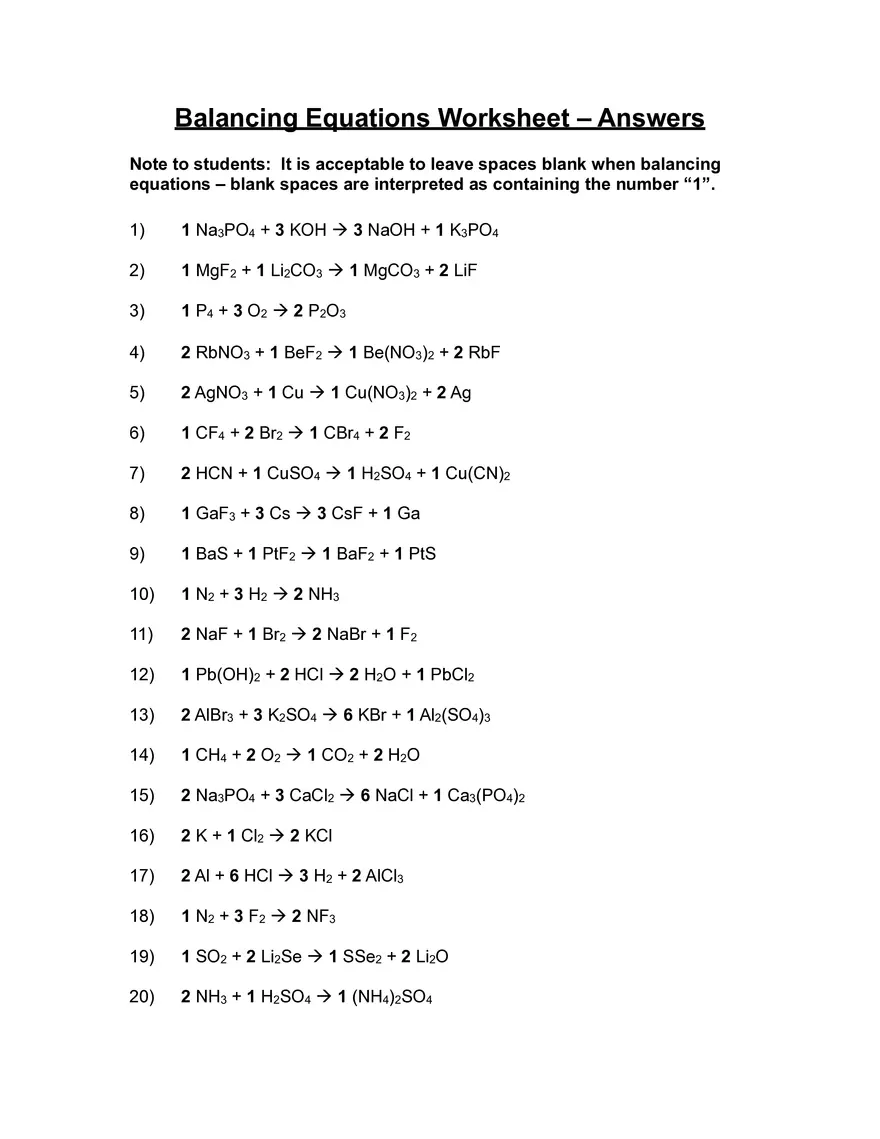 Balancing Equations Worksheet - Answers - Page 2