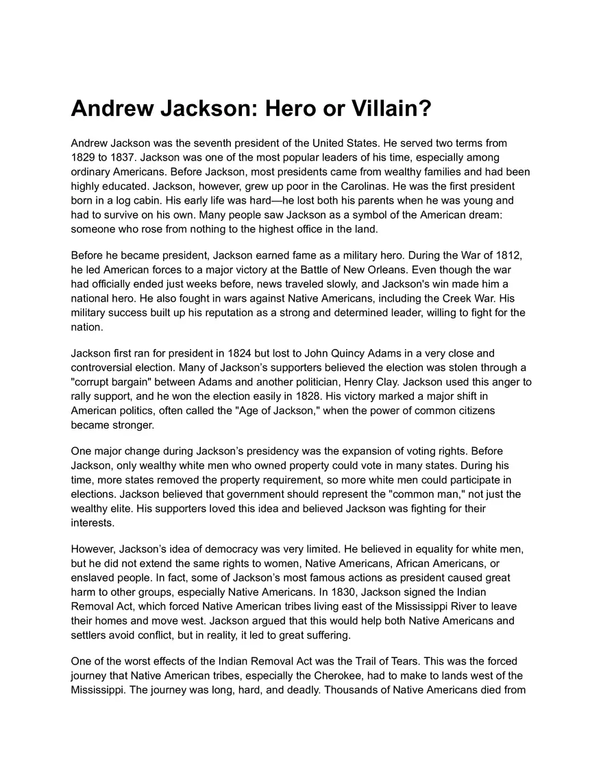 Andrew Jackson Hero or Villain - Page 1