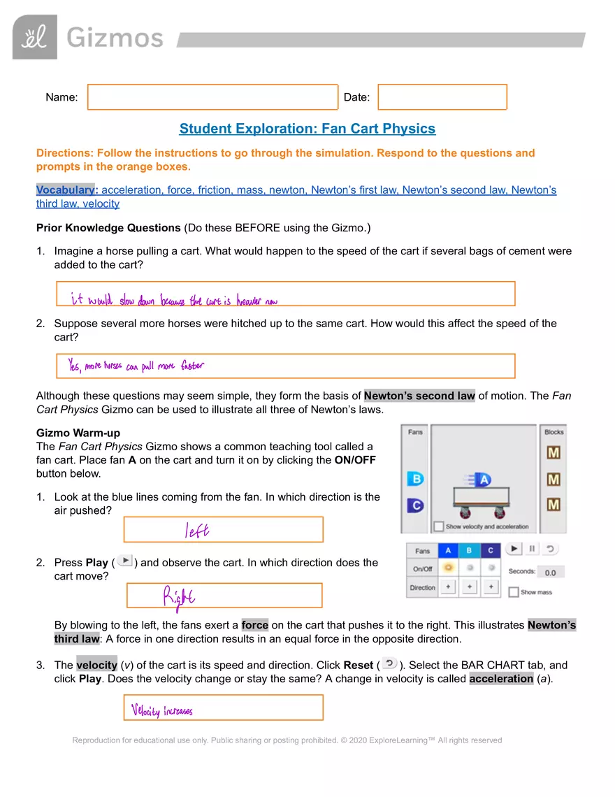 Gizmos Answer Key: Fan Cart Physics - Page 1