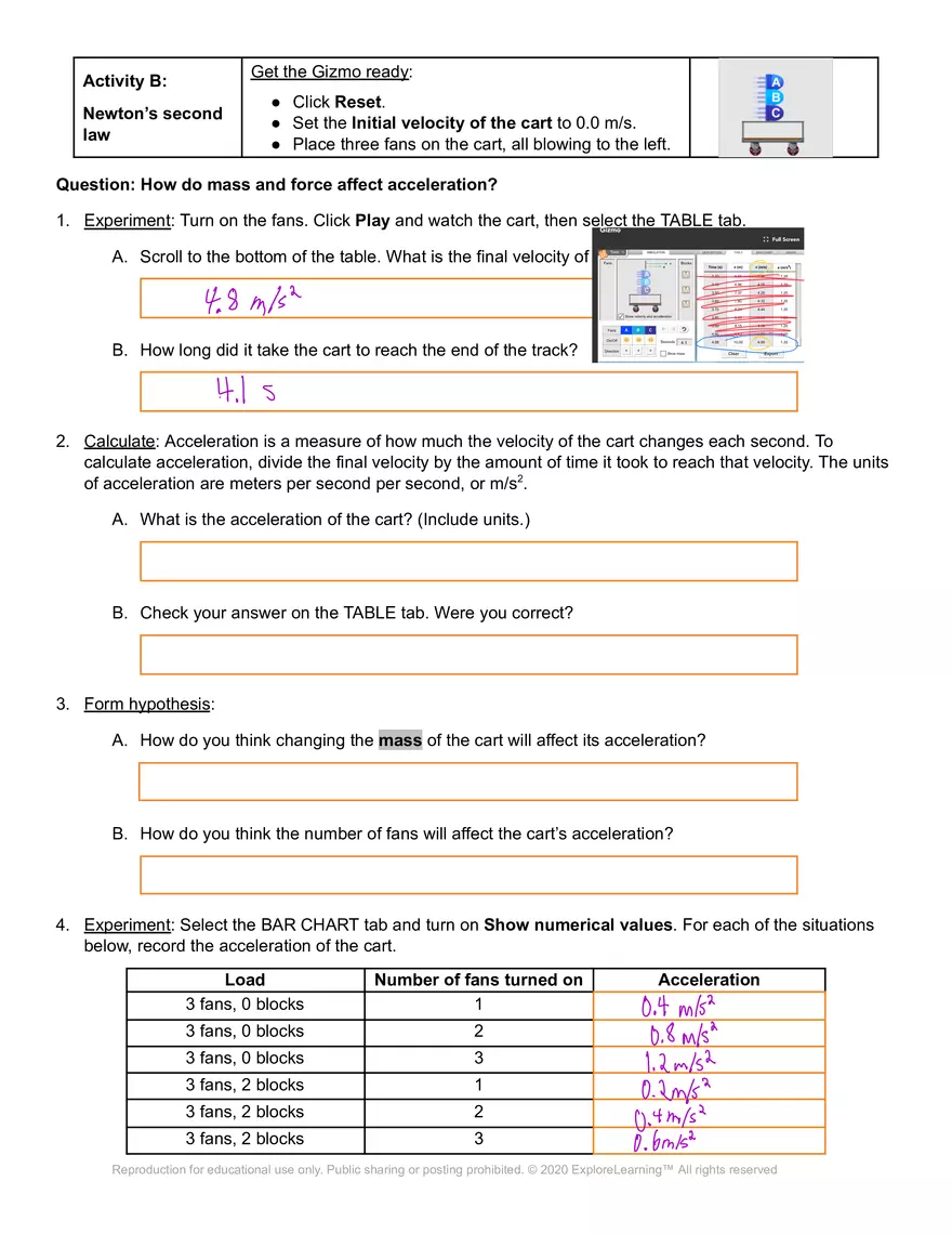 Gizmos Answer Key: Fan Cart Physics - Page 3