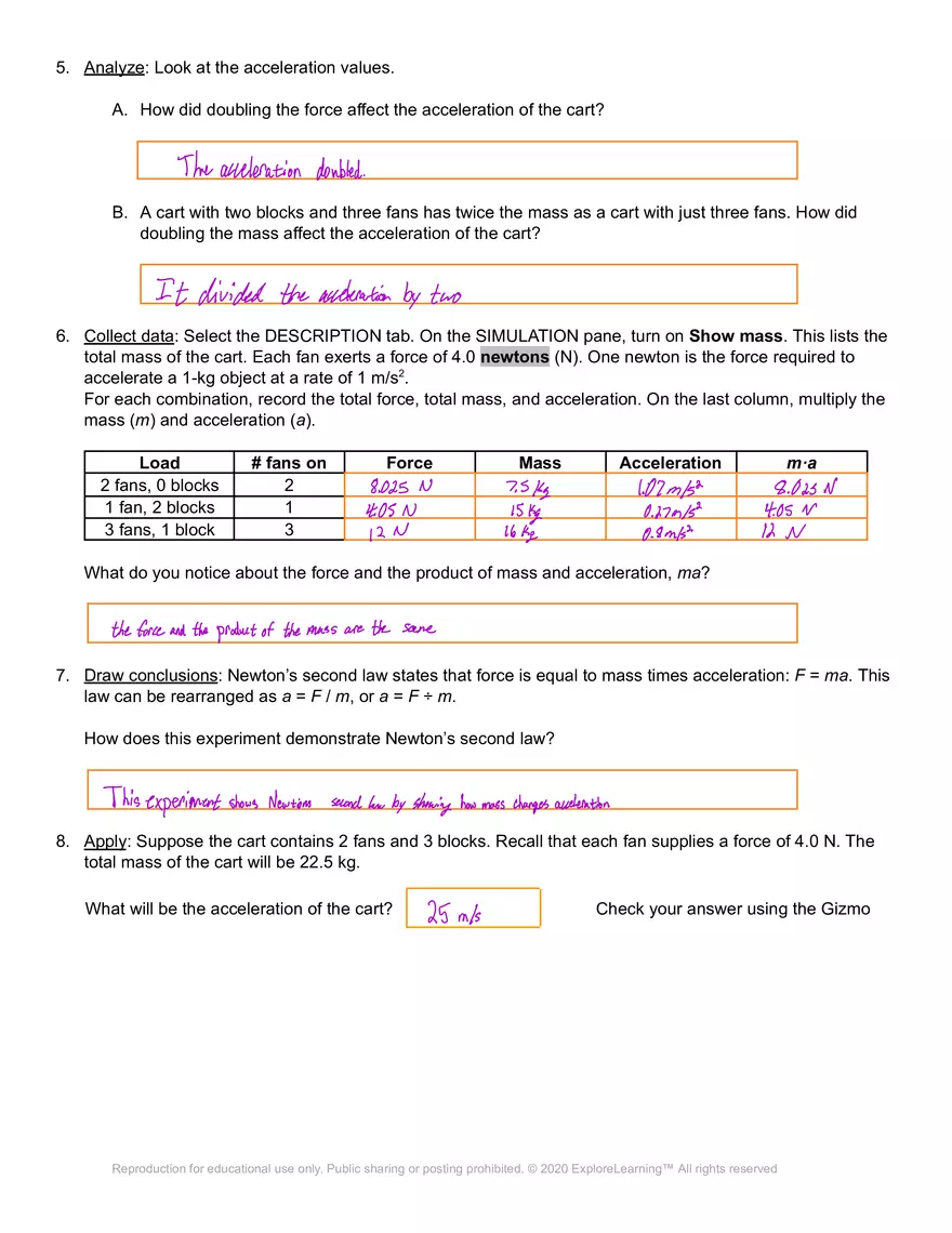 Gizmos Answer Key: Fan Cart Physics - Page 4