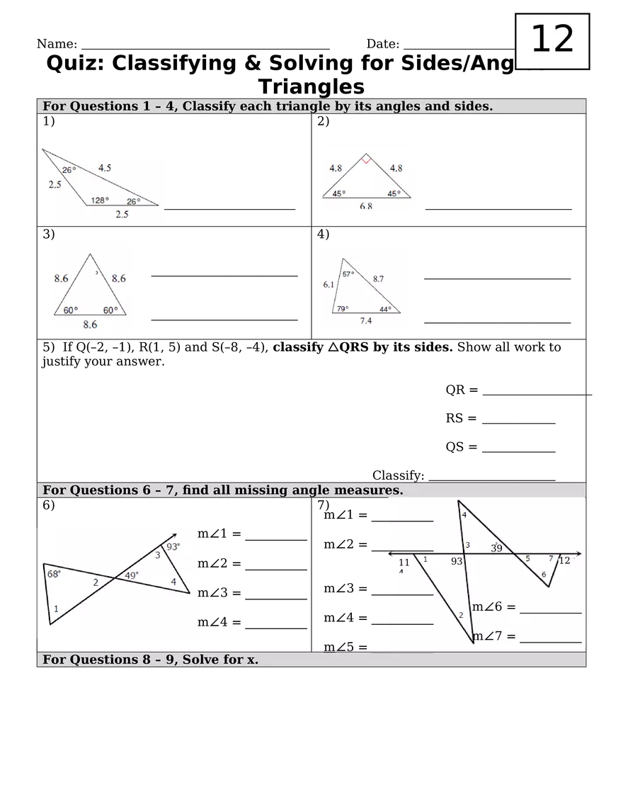 Classifying and Solving for SidesAngles in Triangles - Page 1