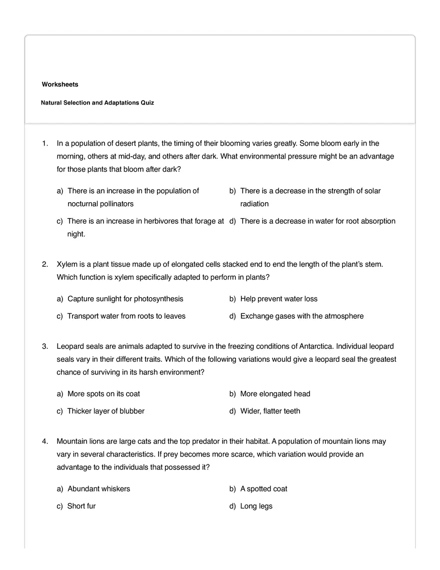 Natural Selection and Adaptations Quiz - Page 1