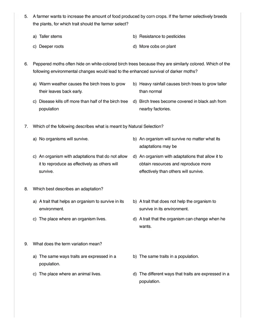 Natural Selection and Adaptations Quiz - Page 2
