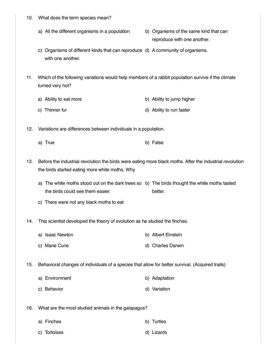 Natural Selection and Adaptations Quiz - Page 3