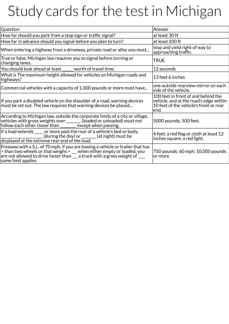 Michigan Driving Test Study Cards - Page 1